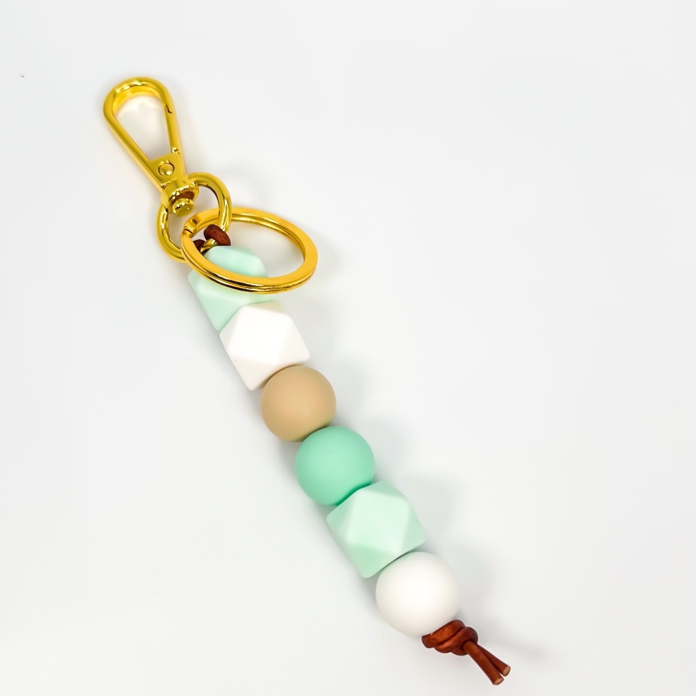 Silicone Bead Keychain on Leather Strap - Handmade